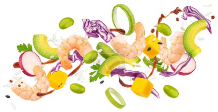 Falling shrimp poke, traditional Hawaiian raw fish salad with teriyaki sauce isolated on white background with clipping path