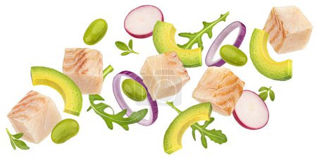 Falling poke ingredients, traditional Hawaiian raw fish salad isolated on white background with clipping path