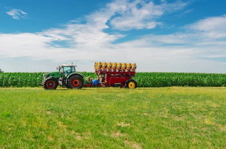 Sembradora tractora en campo de maíz verde. Brillante vista agrícola de verano con maquinaria.