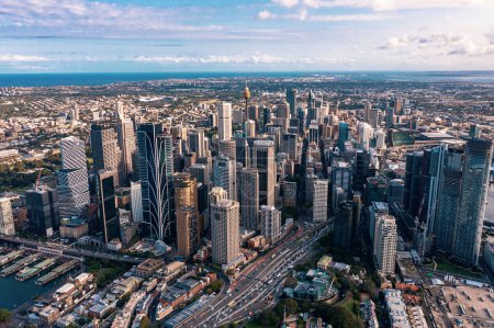 Panoramic view of Sydney. Drone photo of modern city buildings, skyscrapers, streets. Australia