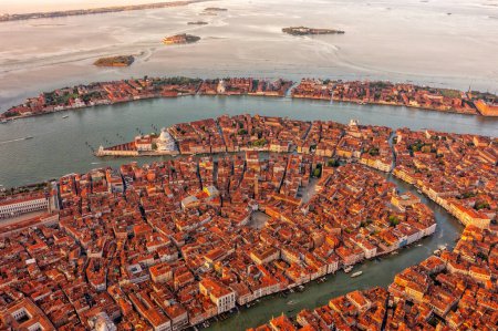 Panoramic shot of Venice, San Polo, Italy. Tiled roofs and streets. Historical buildings. Tourism