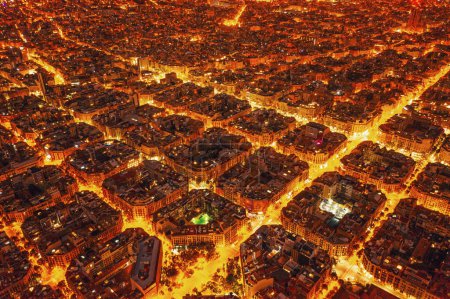 View of the residential areas of Barcelona at night. City from a bird eye view