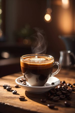 Fotografia profesjonalnie parzonej kawy artystycznej w ciepłym świetle na drewnianym stole.