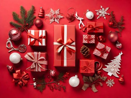 Téléchargez les photos : Coffrets cadeaux et décorations de Noël sur fond rouge. - en image libre de droit
