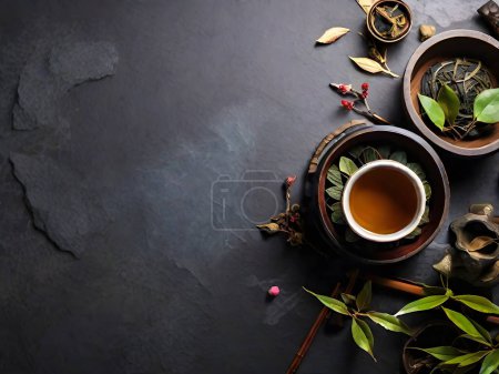 Photo for Japanese tea on stone table. Top view with copy space - Royalty Free Image