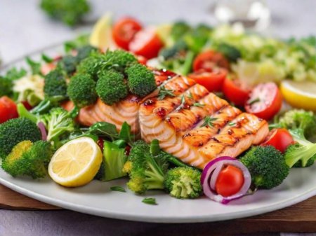 Foto de Filete de salmón a la parrilla y ensalada de verduras de hoja verde fresca con tomates cebolla roja y brócoli - Imagen libre de derechos