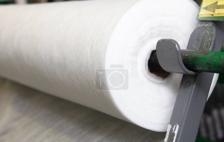 Photo for White spunbond hotbed, geotextile for vegetable seedlings insulation in early spring.  White biodegradable polypropylene saturated bonded spunbond, spunlaid non woven fabric roll. - Royalty Free Image
