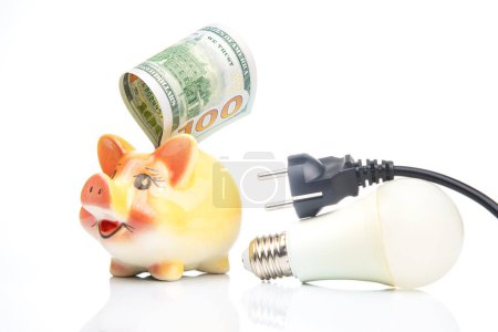 Piggy bank, LED lamp and electric cable plug. Saving electricity. Energy saving concept