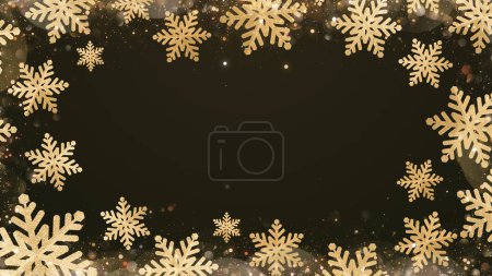 Copos de nieve de oro marco de Navidad sobre fondo negro con espacio de copia.