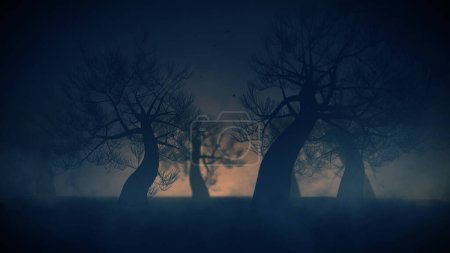 Árboles oscuros en el bosque de niebla mística, noche de Halloween de miedo.