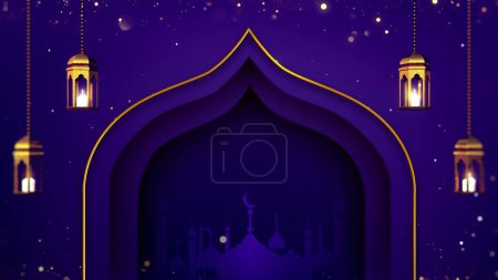 Ramadan kareem card design with lanterns hanging above arabic window style and copy space, Islamic holiday abstract background.