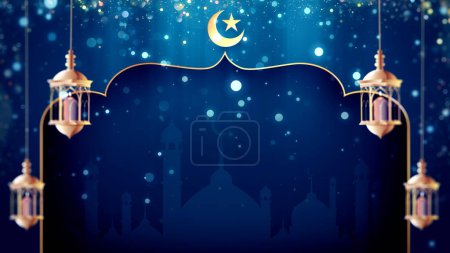 Ramadan kareem greeting card with lantern and crescent moon for Islamic holiday.