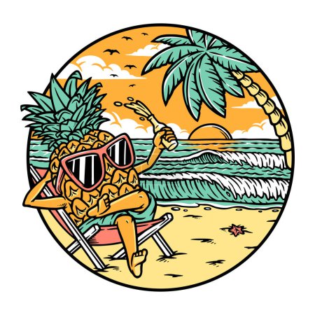 Téléchargez les illustrations : Pineapple is lying down and enjoying the beach - en licence libre de droit