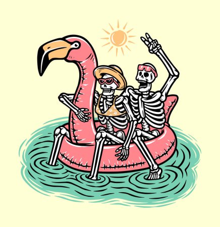 Téléchargez les illustrations : Skull couple on the flamingo float in the sea - en licence libre de droit