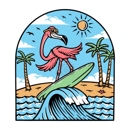 Téléchargez les illustrations : Flamingo surfe tout en s'amusant sur la plage - en licence libre de droit
