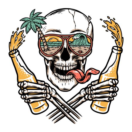Téléchargez les illustrations : Crâne avec bière et plage - en licence libre de droit