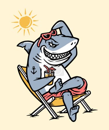 Téléchargez les illustrations : Requin est assis sur une chaise en train de boire un verre - en licence libre de droit