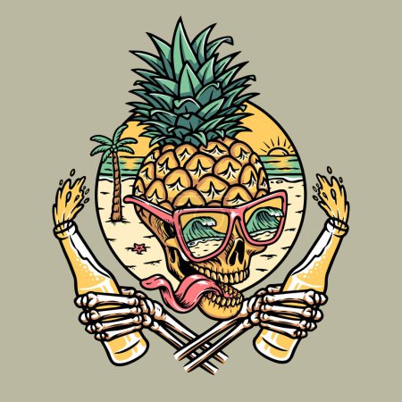 Téléchargez les illustrations : Crâne d'ananas fou et scène de plage - en licence libre de droit