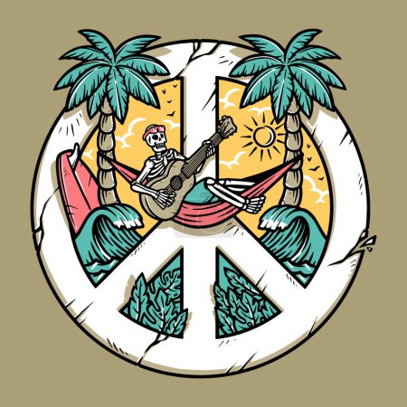 Téléchargez les illustrations : Crâne jouant de la guitare sur la plage avec des symboles de paix - en licence libre de droit