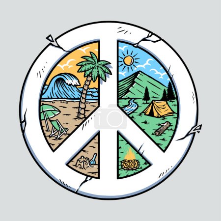 Téléchargez les illustrations : Montagne et plage avec symboles de paix - en licence libre de droit