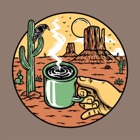 Téléchargez les illustrations : Boire du café dans le désert illustration - en licence libre de droit