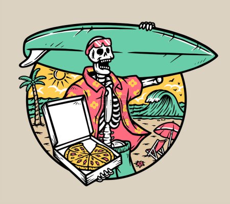 Téléchargez les illustrations : Le crâne porte une planche de surf et une pizza - en licence libre de droit