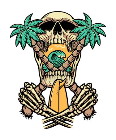 Téléchargez les illustrations : Crâne tenant un cocotier sur la plage - en licence libre de droit