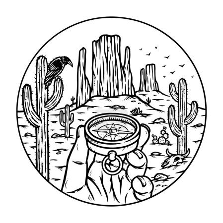 Téléchargez les illustrations : Main tenant boussole dans le désert - en licence libre de droit