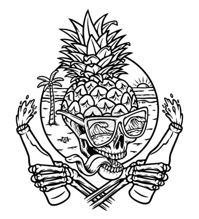 Téléchargez les illustrations : Crâne d'ananas fou et scène de plage - en licence libre de droit