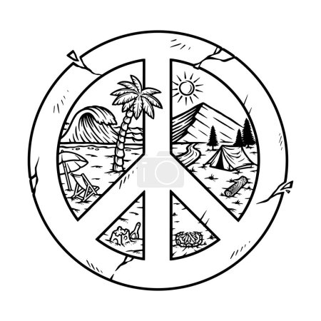 Téléchargez les illustrations : Montagne et plage avec symboles de paix - en licence libre de droit