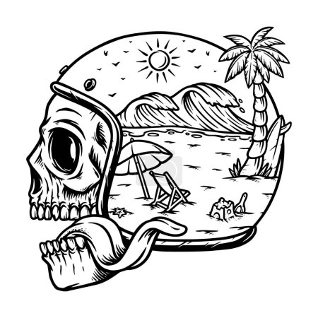 Téléchargez les illustrations : Crâne portant casque et scène de plage - en licence libre de droit