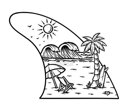 Téléchargez les illustrations : Vue sur la plage sur la planche de surf palmes ligne illustration - en licence libre de droit