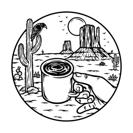 Téléchargez les illustrations : Boire du café dans la ligne du désert illustration - en licence libre de droit