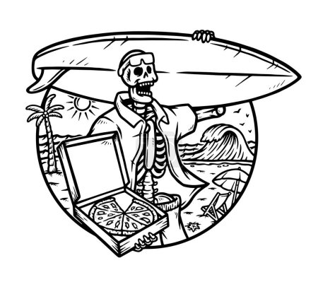 Téléchargez les illustrations : Le crâne porte une planche de surf et une illustration de ligne de pizza - en licence libre de droit