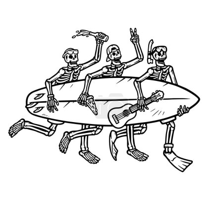 Téléchargez les illustrations : Trois crânes portant des planches de surf ligne illustration - en licence libre de droit
