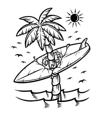 Téléchargez les illustrations : Cocotiers et planches de surf dans la ligne de mer illustration - en licence libre de droit