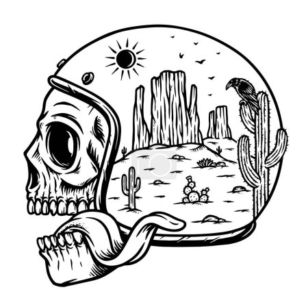 Téléchargez les illustrations : Vue sur le désert dans l'illustration de ligne de casque - en licence libre de droit