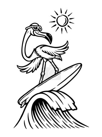 Téléchargez les illustrations : Flamingo surfe sur la plage illustration ligne - en licence libre de droit