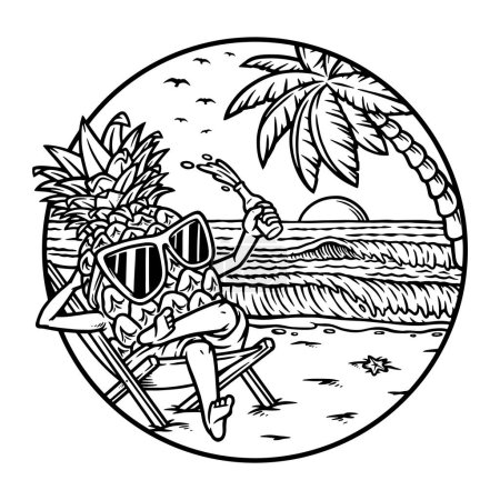 Téléchargez les illustrations : Ananas est couché et profiter de l'illustration de la ligne de plage - en licence libre de droit