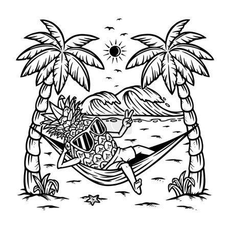 Téléchargez les illustrations : Ananas est couché sur la ligne de plage illustration - en licence libre de droit