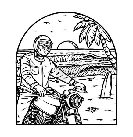 Téléchargez les illustrations : Équitation une moto à la ligne de plage illustration - en licence libre de droit