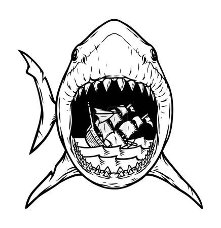 Téléchargez les illustrations : Navires coulent dans l'embouchure de la ligne de requin illustration - en licence libre de droit