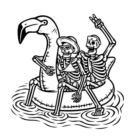 Téléchargez les illustrations : Couple crâne sur le flotteur de flamant rose dans l'illustration de la ligne de mer - en licence libre de droit