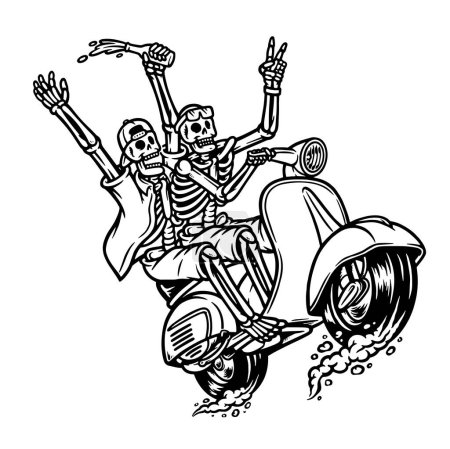 Téléchargez les illustrations : Crâne chevauchant une moto tout en s'amusant illustration ligne - en licence libre de droit