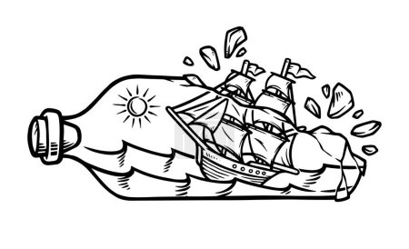 Téléchargez les illustrations : La vue du navire dans l'illustration de la ligne de bouteilles - en licence libre de droit