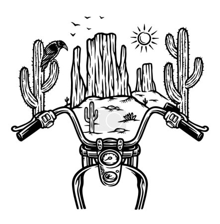 Téléchargez les illustrations : Voyage dans le désert en moto illustration de ligne - en licence libre de droit