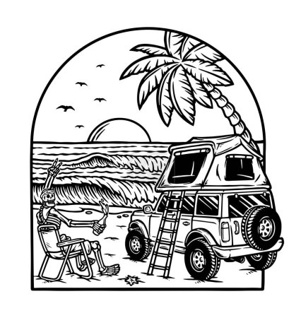 Téléchargez les illustrations : Le crâne campe sur la ligne de plage illustration - en licence libre de droit