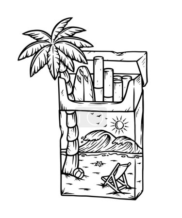Téléchargez les illustrations : Vue de la plage dans un paquet de cigarettes illustration en ligne - en licence libre de droit