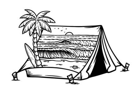 Téléchargez les illustrations : Belle vue sur la plage dans l'illustration de ligne de tente - en licence libre de droit