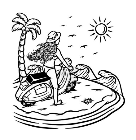 Téléchargez les illustrations : Belle femme chevauchant un scooter sur la ligne de plage illustration - en licence libre de droit
